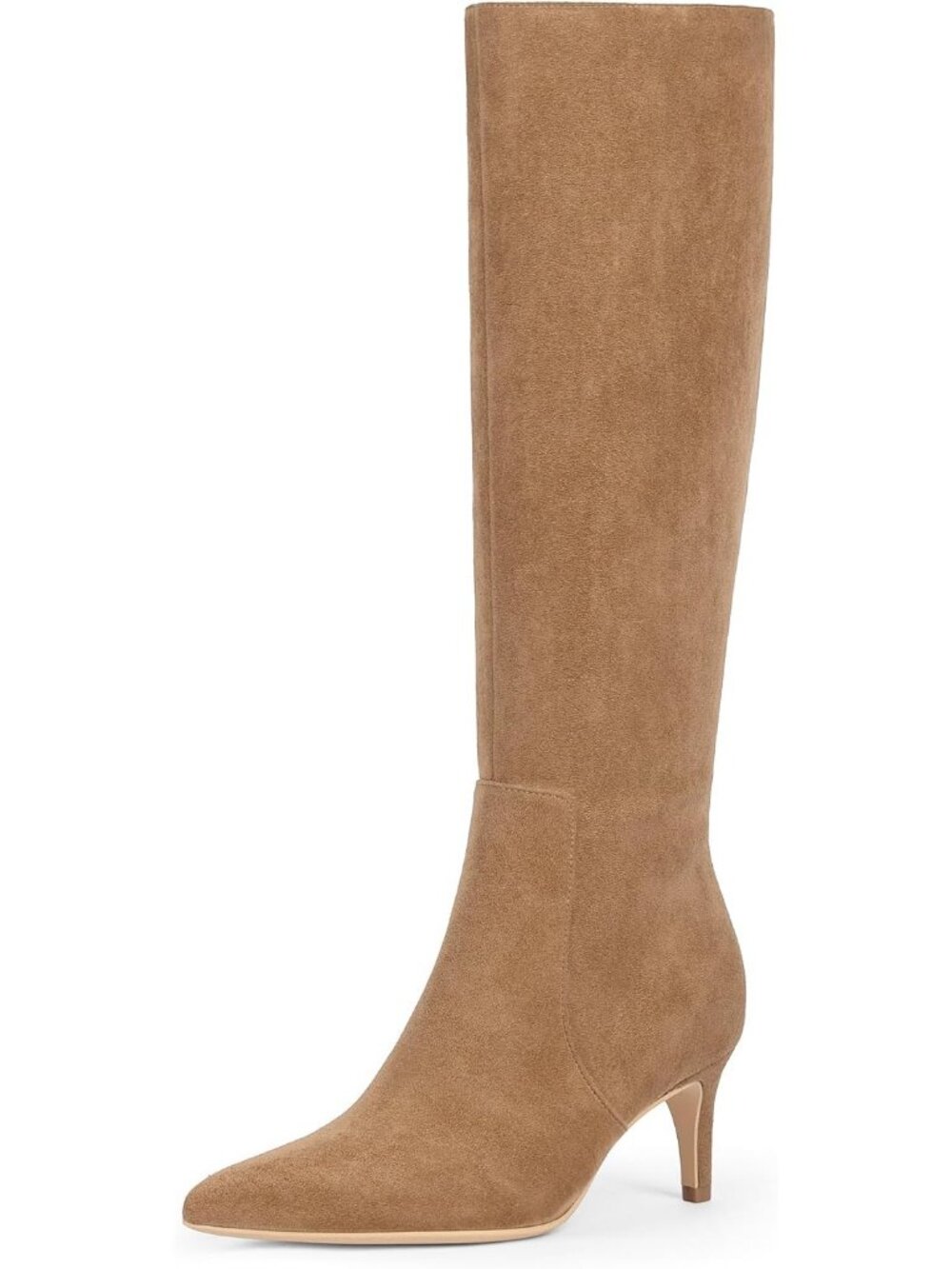 Women's Tan Faux Suede Stylish Pointed Toe Low Kitten Heel Knee High Boots